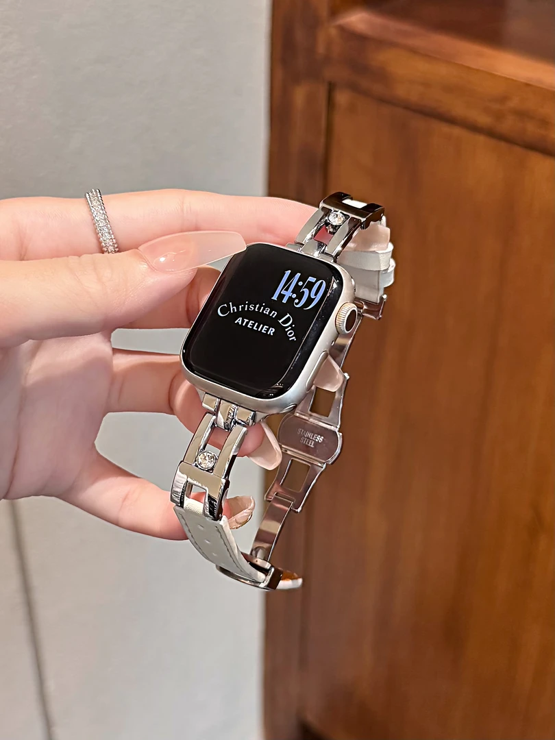 适用iwatchs9表带苹果手表applewatchse真皮s10/11代细链条s8小米