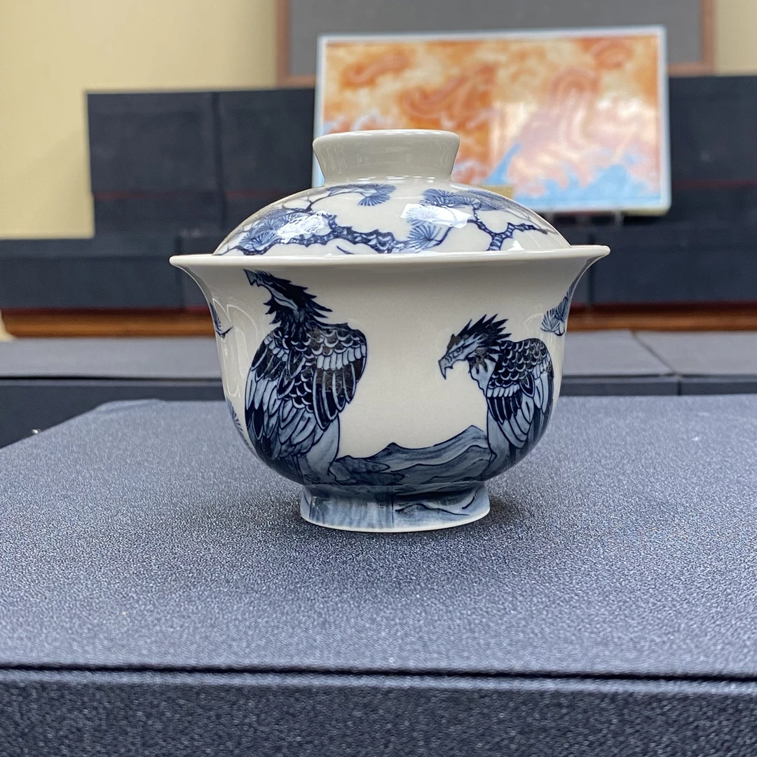 元经秘旨青花二号釉苦禅的鹰纹盖碗景德镇纯手工纯手绘茶具茶器