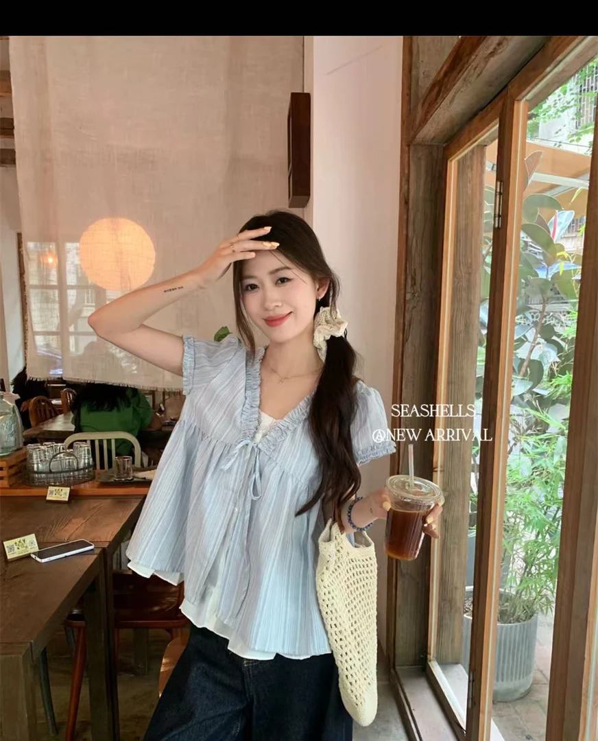seashells@1A1919 甜美风设计感V领条纹假两件小衫 8-3