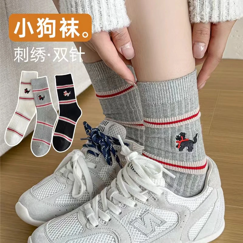 秋冬款袜子女韩版条纹刺绣可爱小狗中筒袜双针日系百搭堆堆袜