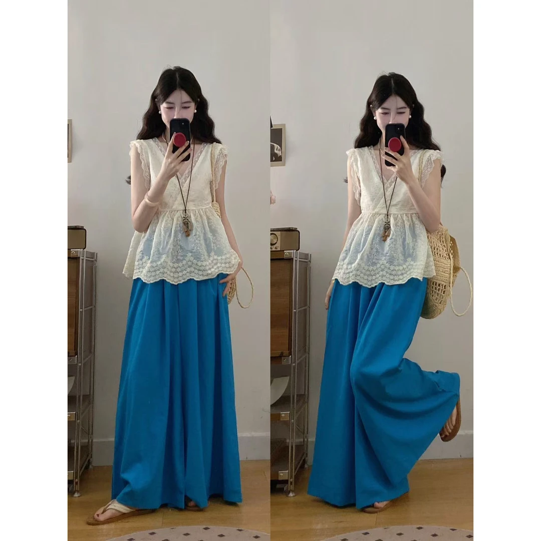 大码夏季女装个性V领蕾丝边小飞袖上衣宽松休闲阔腿裤两件套