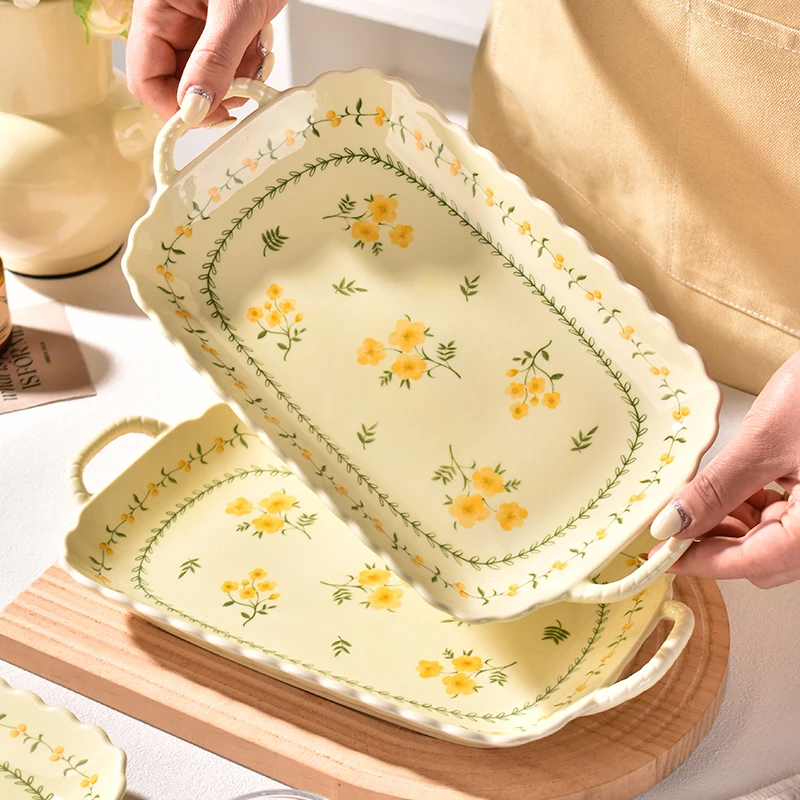 釉下彩高级感双耳陶瓷2024新款鱼碟鱼轻奢盘家用大号蒸鱼盘子深盘