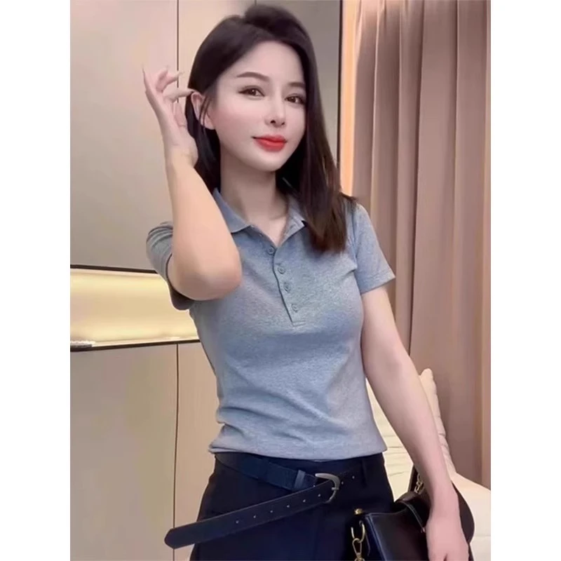 芯娇晴灰色正肩短袖T恤女士夏季2025欧货小衫洋气减龄POLO领上衣