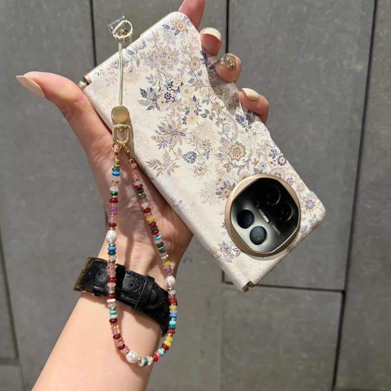 适用华为matex6手机壳高档素皮硬壳X5典藏版双中轴国风白月织花