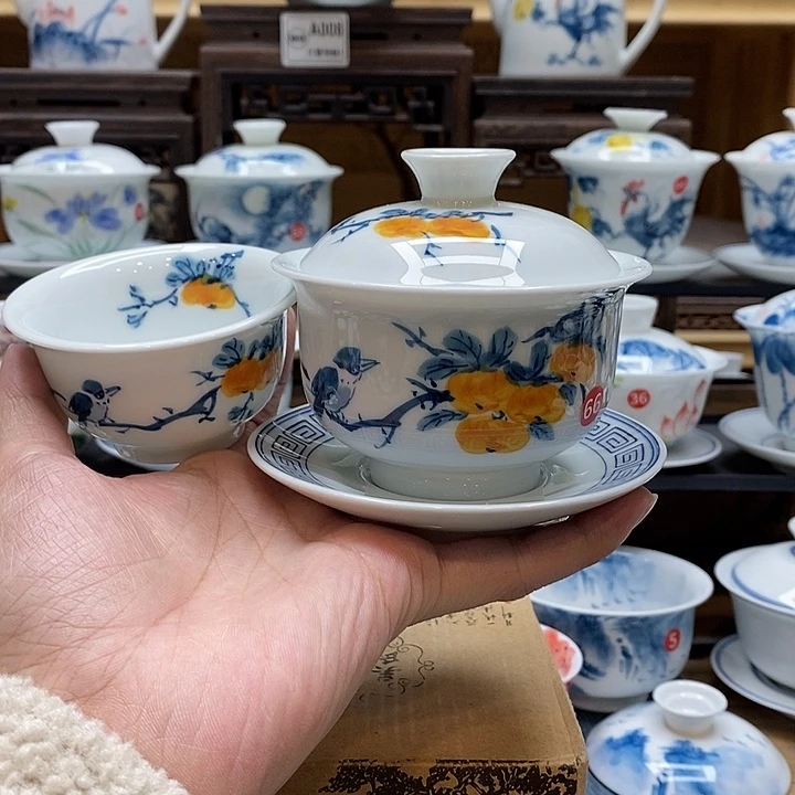 手绘喜柿图160cc➕压手杯85cc釉下彩微瑕福利款