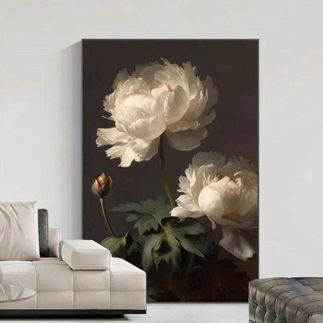 【雅轩】复古奶油风客厅玄关落地沙发背景高级感壁画花80120