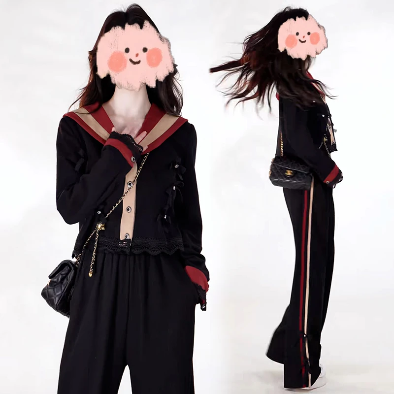 法式小香风休闲套装女2025秋季新款高级感海军领上衣阔腿裤两件套