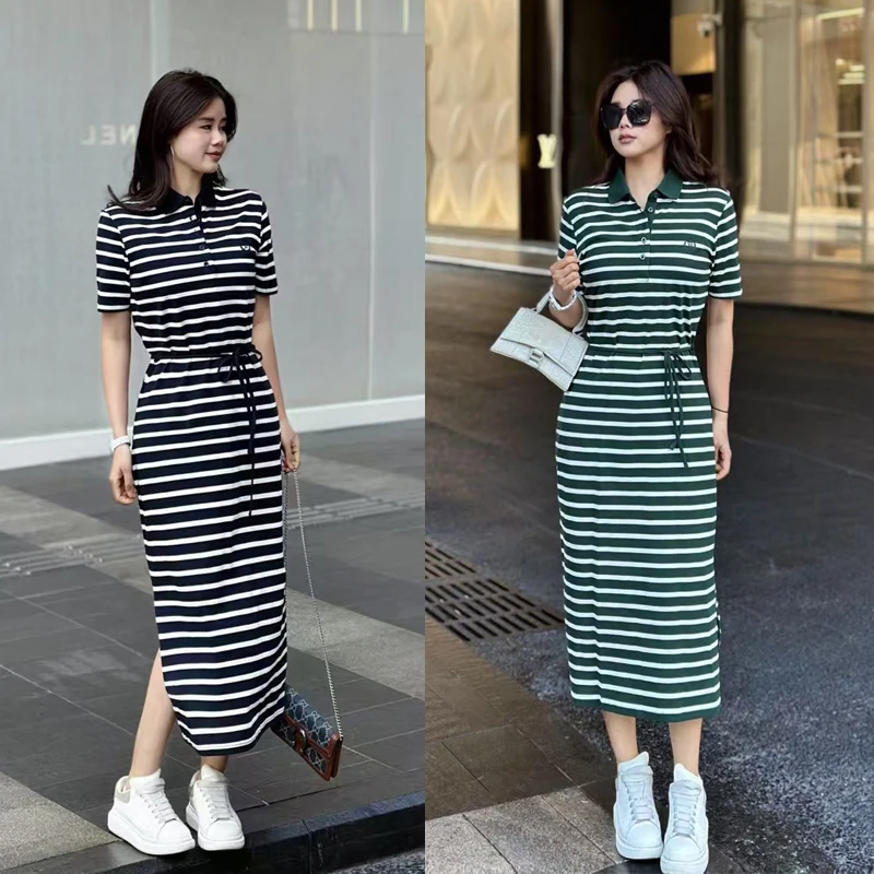 夏季女款纯棉条纹短袖连衣裙休闲A版显瘦宽松加长款大码polo裙T裙