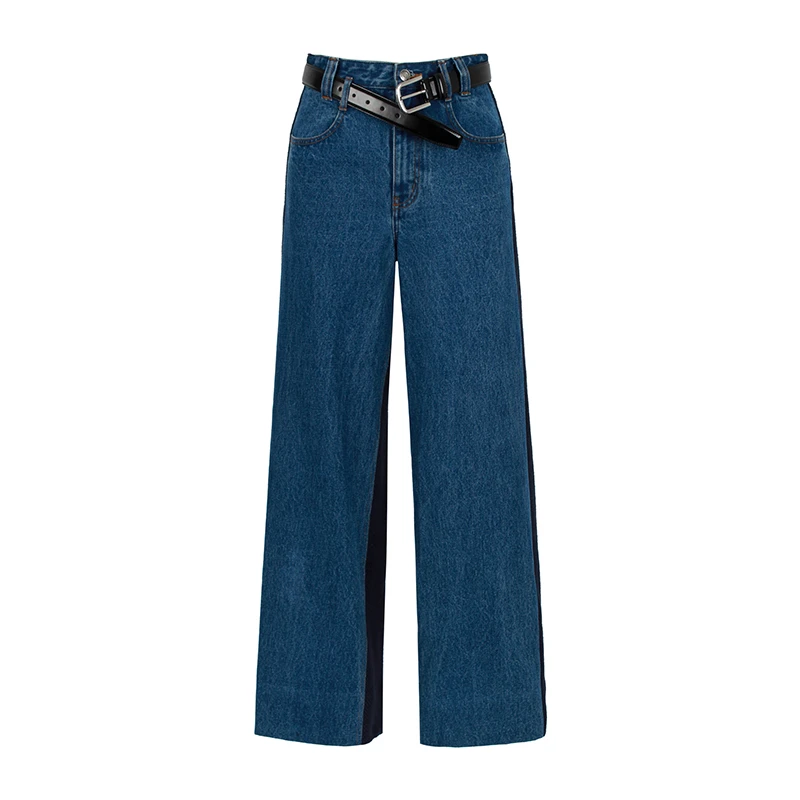 【CALVINLUO】nound买手店小众设计感百搭蓝色针梭拼接牛仔休闲裤女