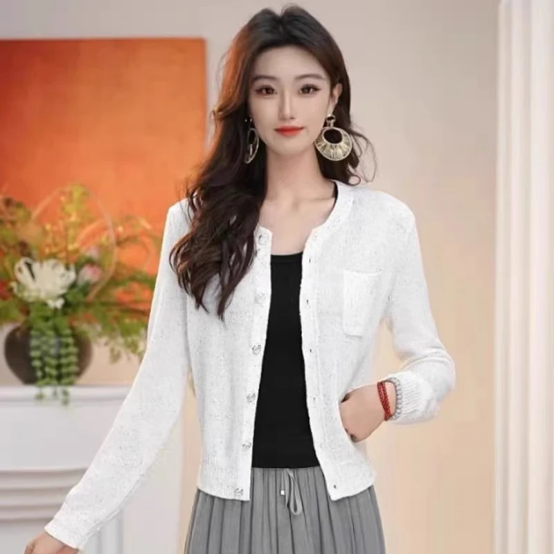 新款2025春新款亮片单排扣长袖针织开衫外套548015