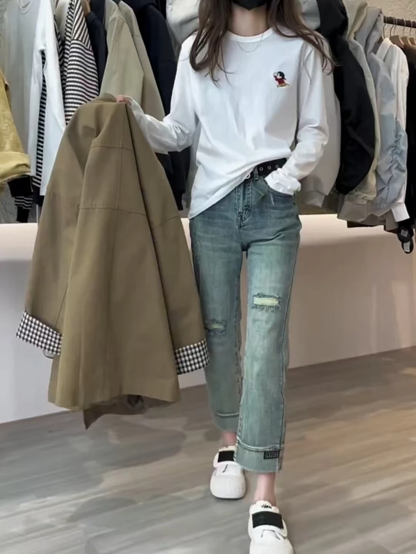 女森说秋季显瘦穿搭新款时尚拼接风衣外套直筒假破洞烟管牛仔裤
