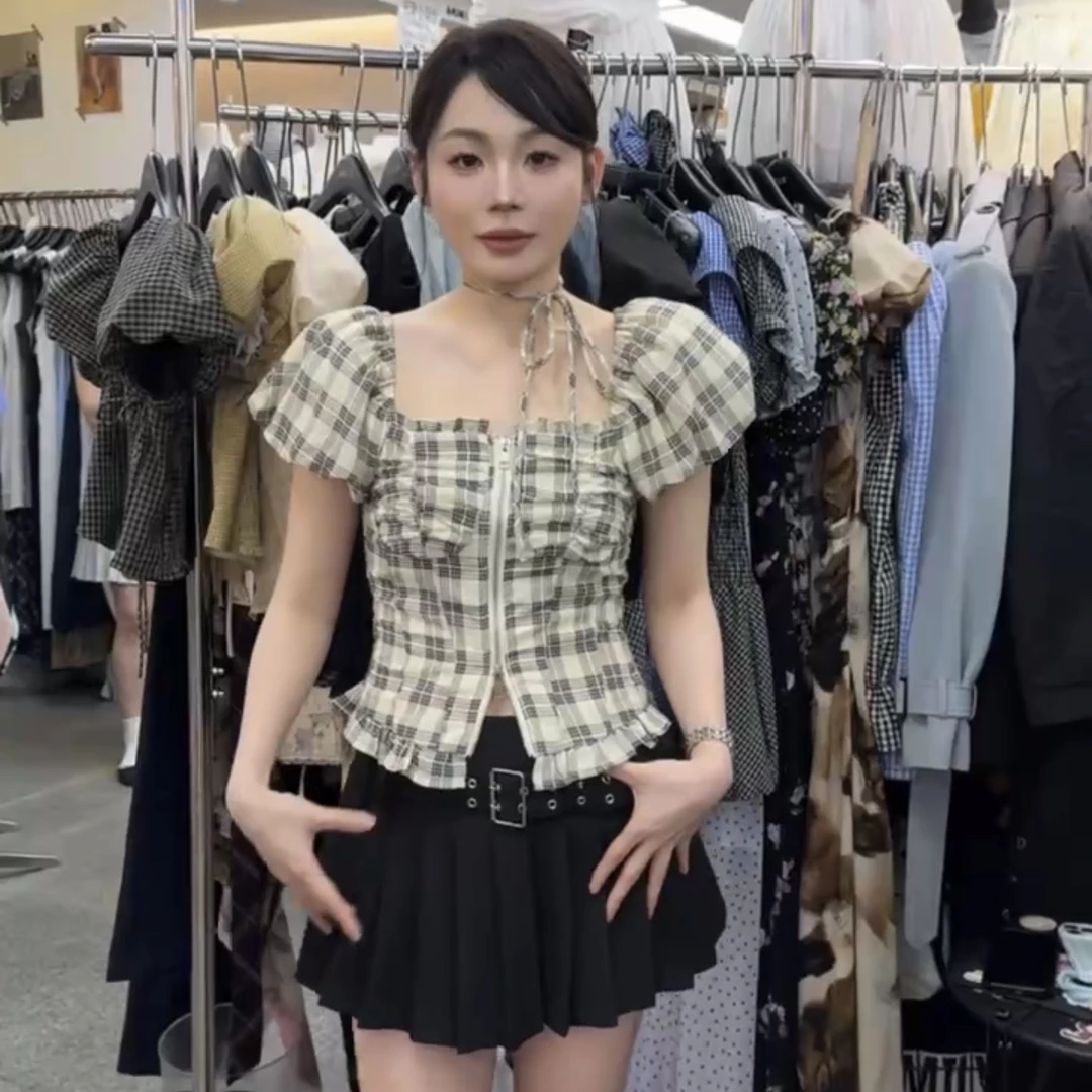 雯雯家 2025夏季新款DUCK原创格纹拉链褶皱显瘦上衣女