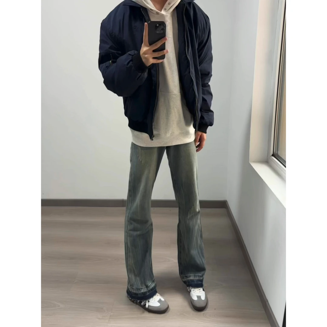 美式高街猫须刮烂牛仔裤男秋冬显高显瘦复古做旧小众微喇窄版长裤