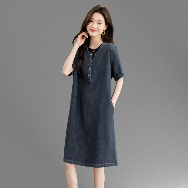 薄款牛仔连衣裙女2025新款今年流行爆款大码胖MM夏季休闲中长裙子