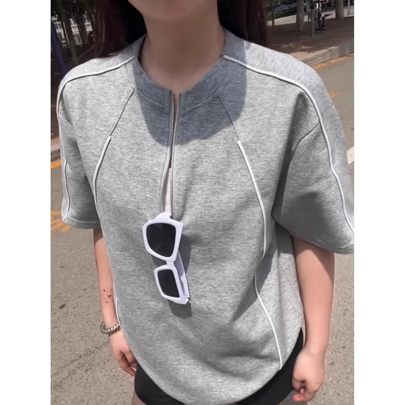 浅灰色明辑线半拉链短袖男款夏季薄款速干休闲t恤美式正肩半截袖