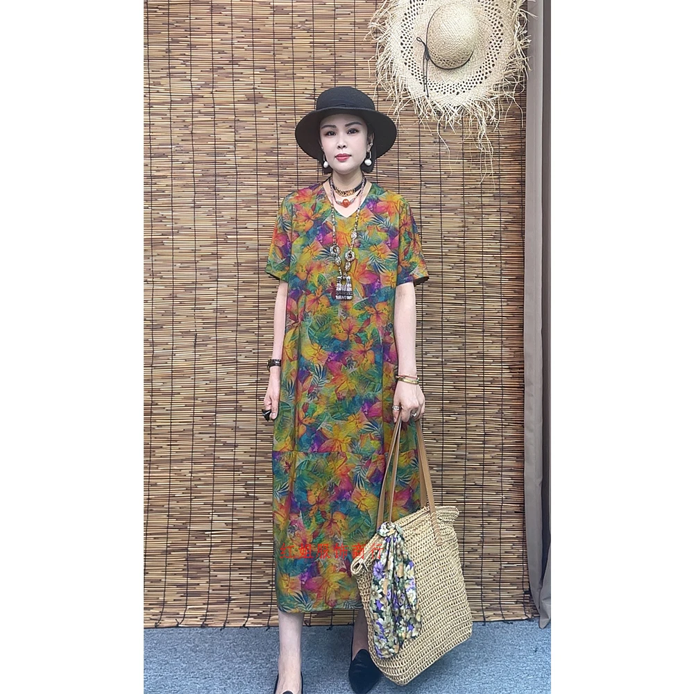 夏季新中式短袖长裙时尚气质显瘦宽松优雅大码拼接连衣裙602