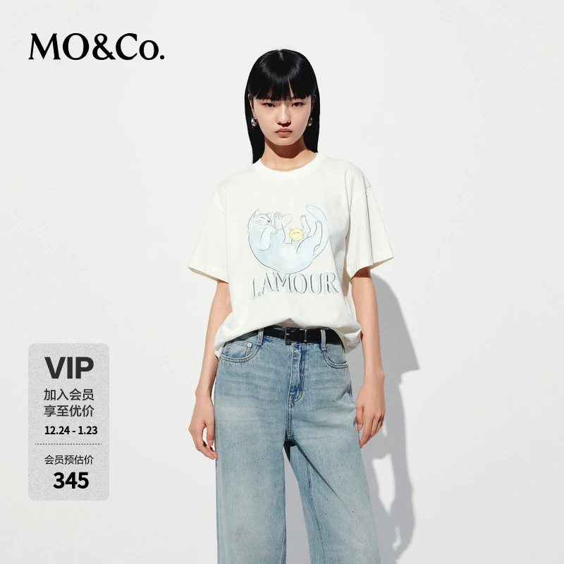 MOCO短袖T恤2025夏新品接触瞬间凉感小猫印花棉质宽松MBE2TEET16