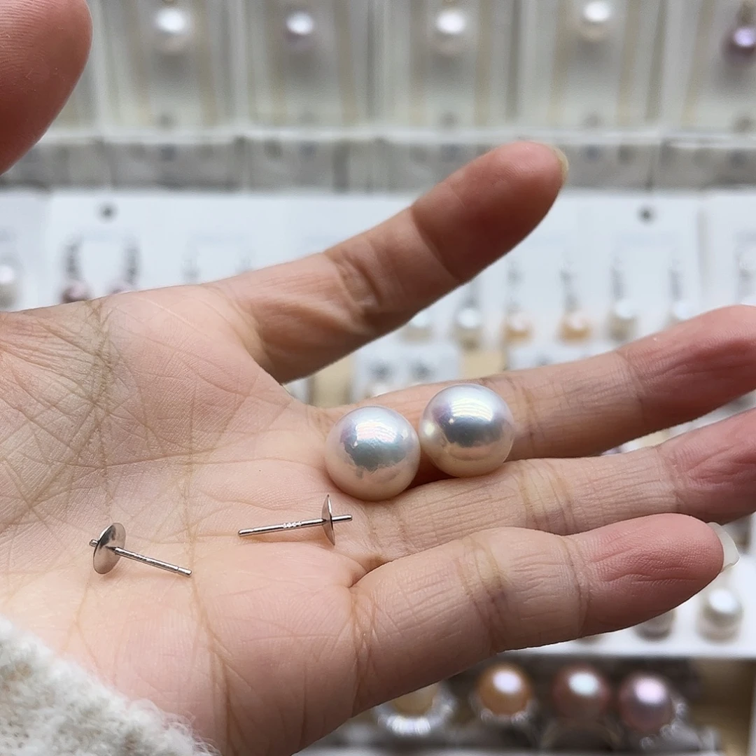 *****银S925镶嵌淡水珍珠耳饰12.4微纹理