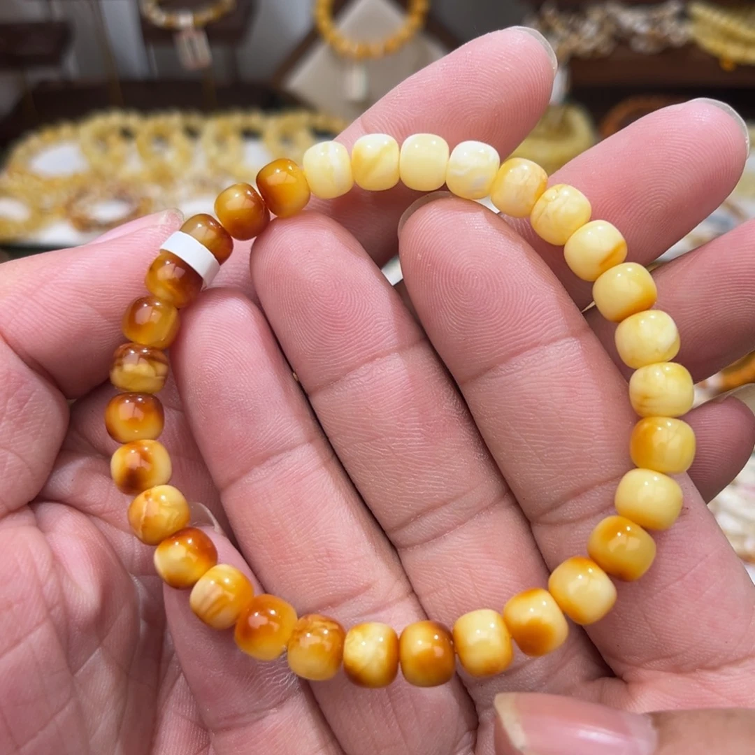 蜜蜡未镶嵌裸石特色渐变沁色白蜡7.0mm