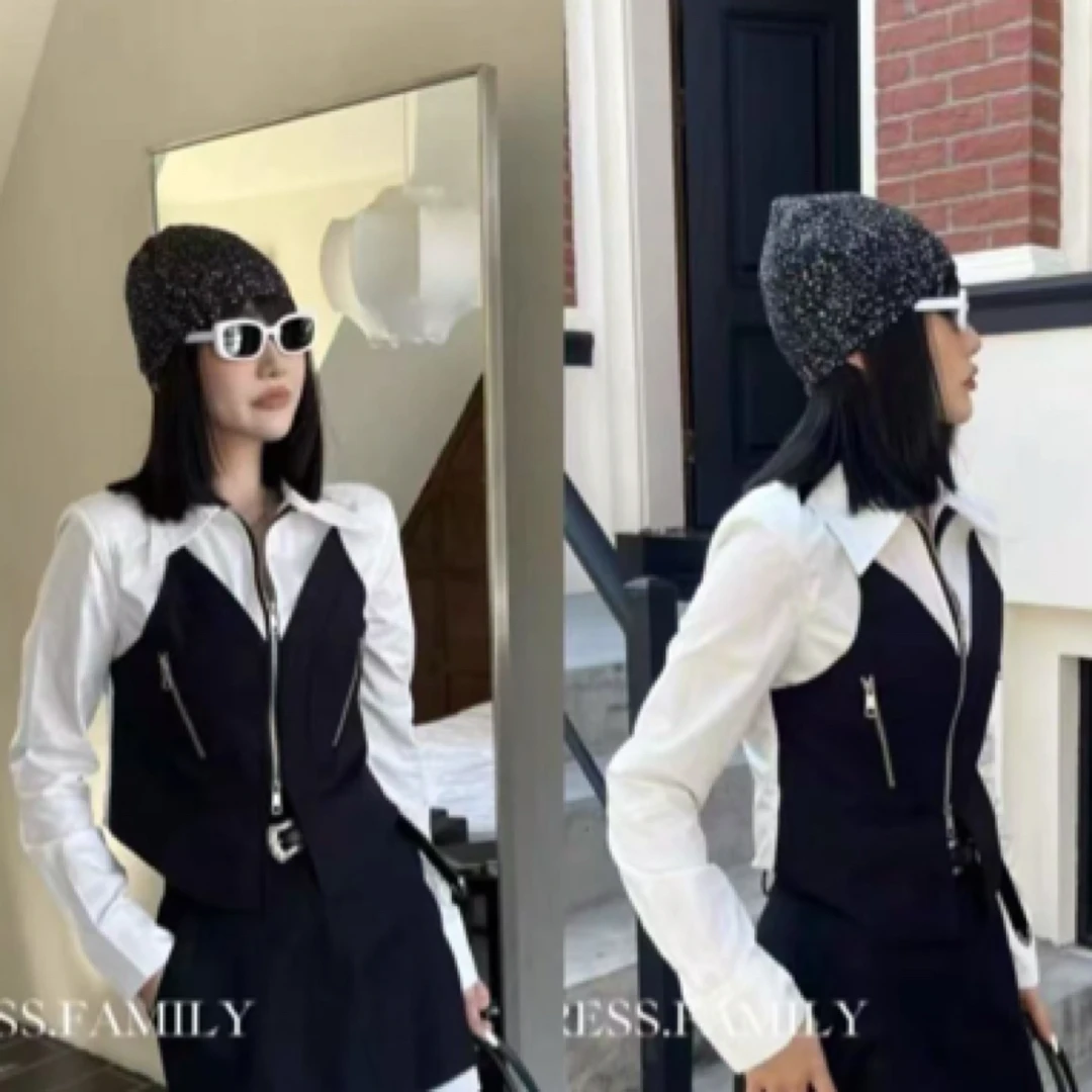 欧货拼接拼色衬衫修身气质长袖上衣