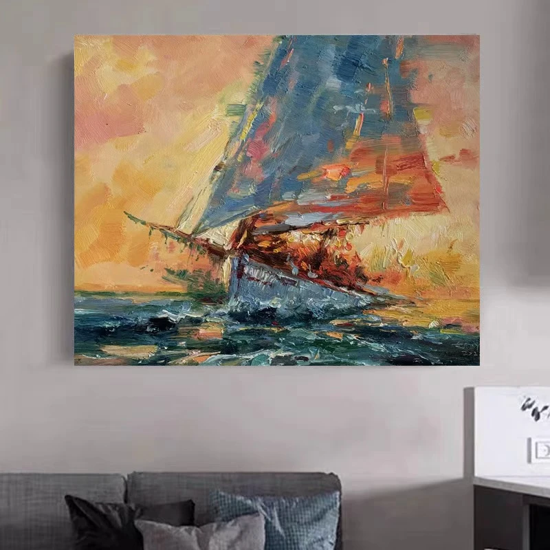 《帆影逐光》50*60含内框,刘春建手绘油画装饰画,客厅背景墙挂画
