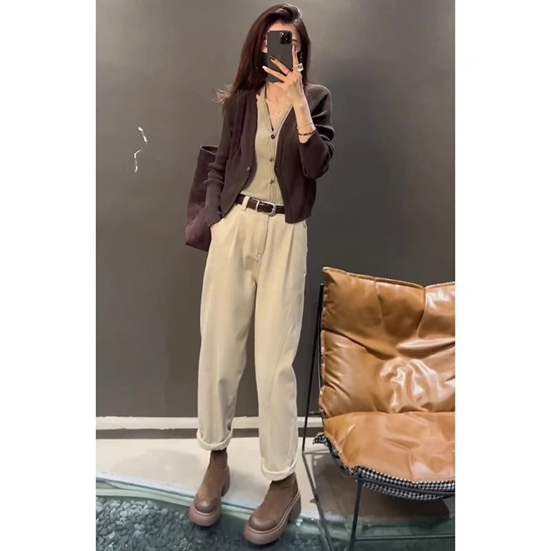 2025春季穿搭一整套女新款显瘦遮肉假两件针织上衣显瘦长裤两件套