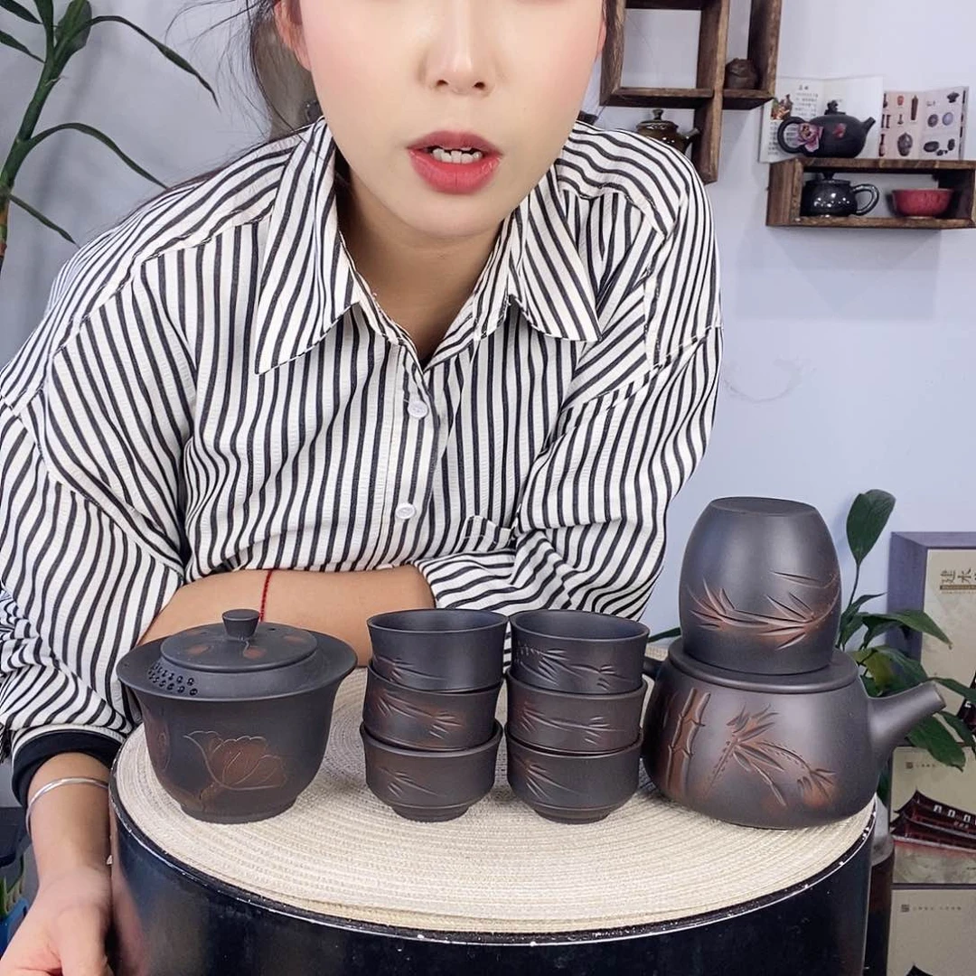 壶航*建水紫陶400竹子九件套装