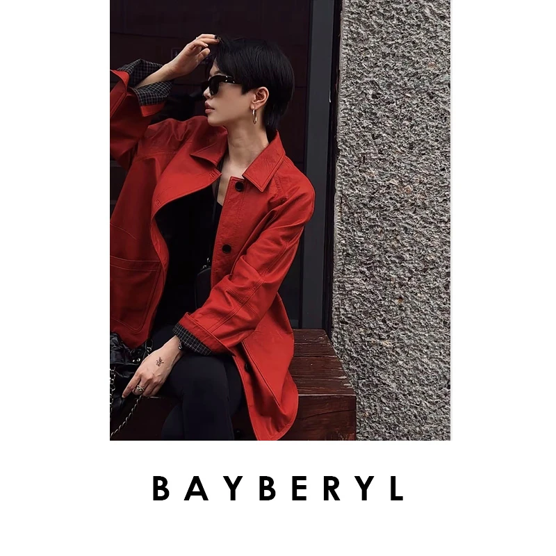 CC10-BAYBERYL老贝湄拉红*翻领格纹百搭插肩袖百搭秋皮衣PY5I0801