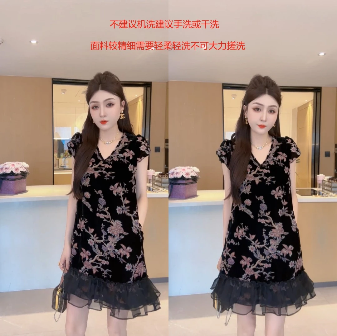 M9A86129  夏季新款减龄收腰法式显瘦短袖时尚气质复古连衣裙