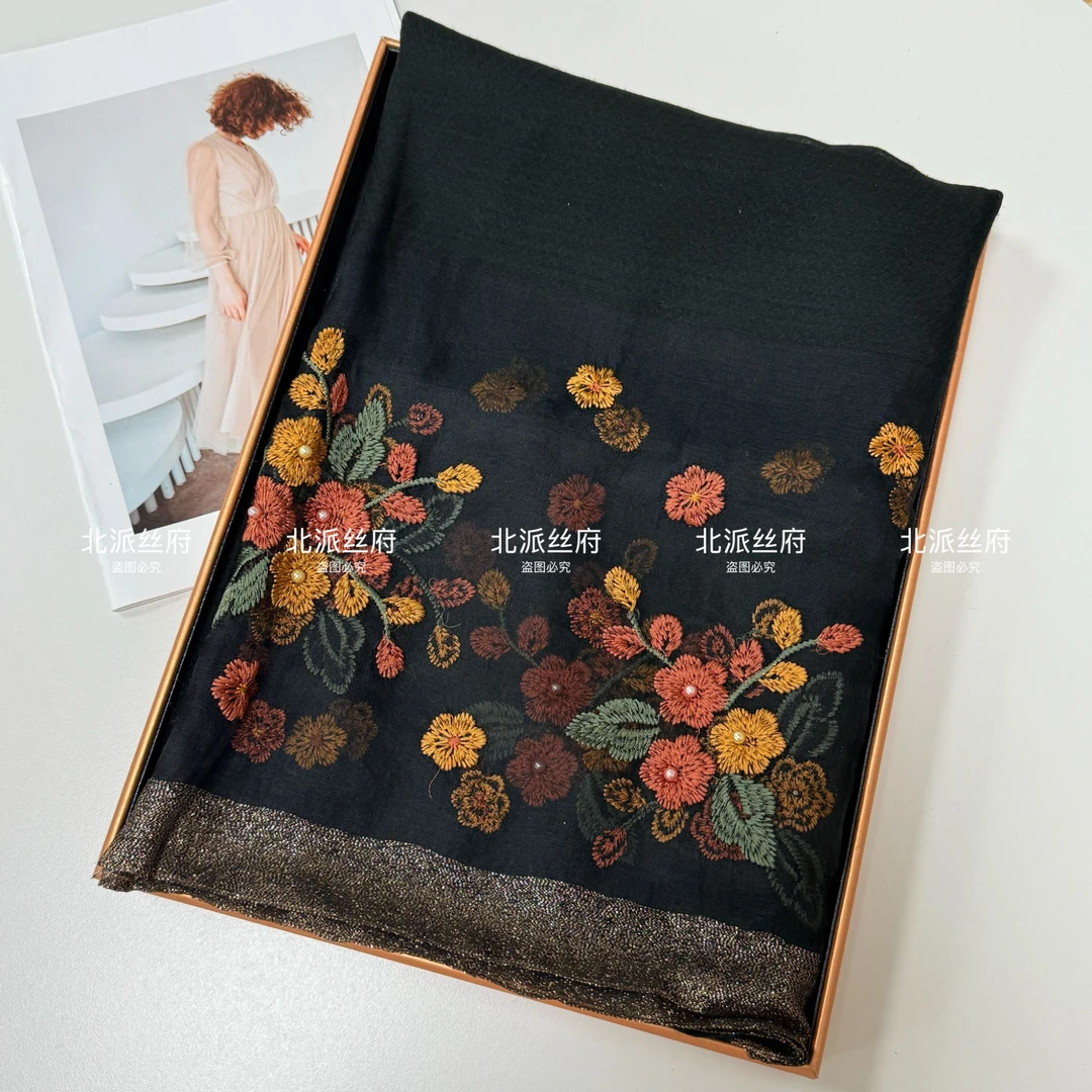 【海棠花黑色】国风刺绣大气优雅时尚百搭气质款175*75