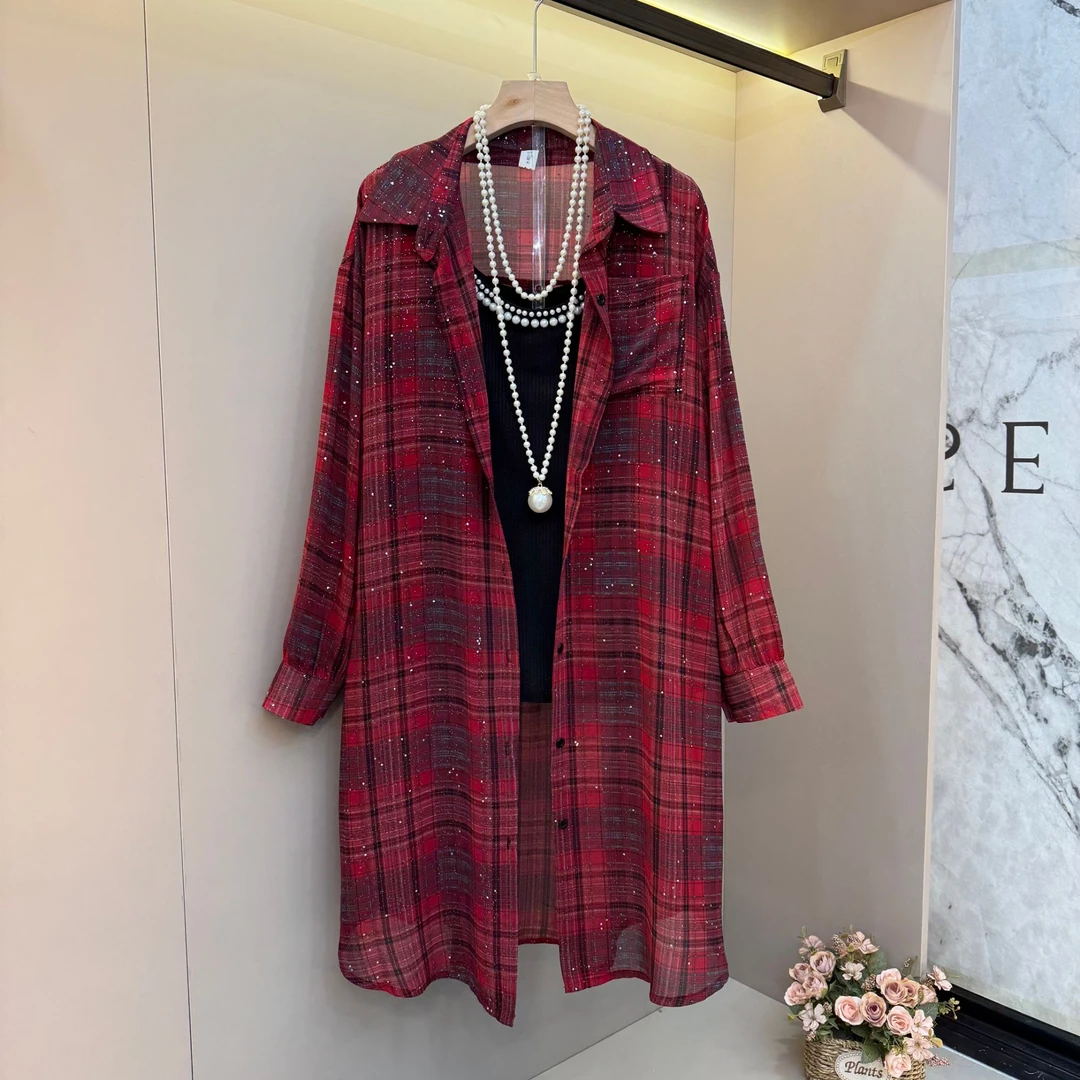 长款格子春季新款长袖时尚百搭洋气气质大码女装显瘦款衬衫长105