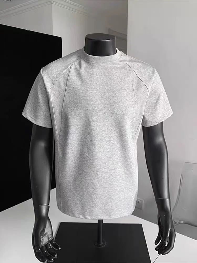 夏季空气棉正肩短袖男美式休闲复古小领口螺纹拼接T恤休闲体恤衫