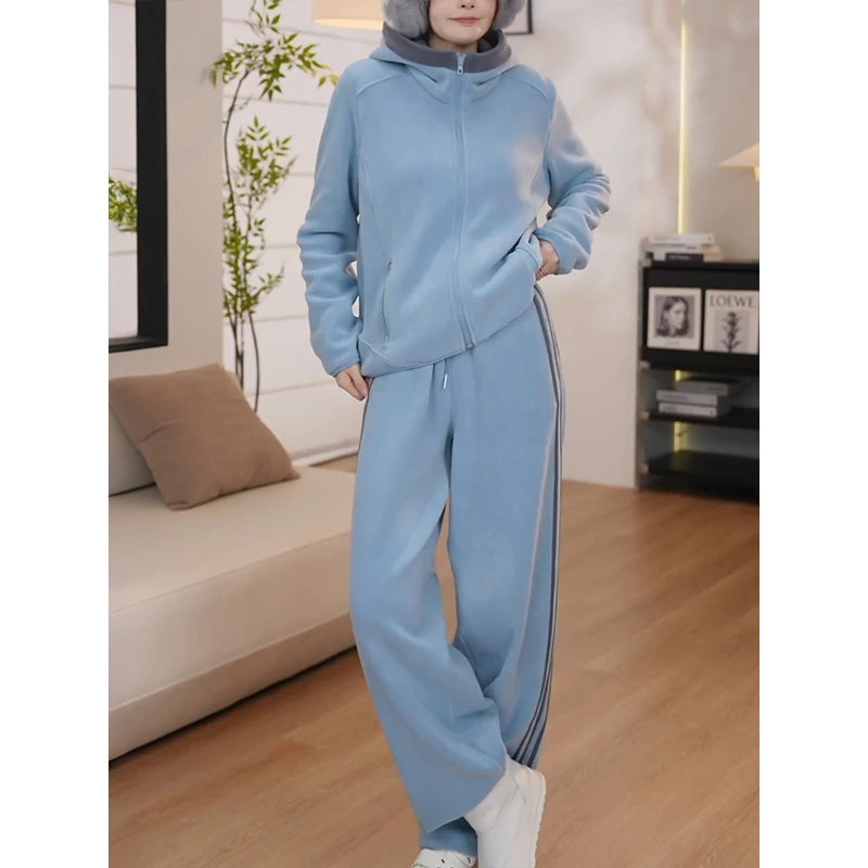 摇粒绒保暖时尚套装女秋冬新款连帽卫衣外套显瘦休闲裤两件套8508