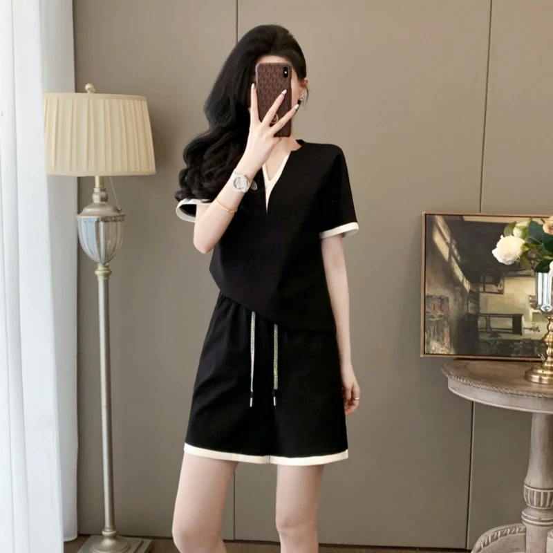 高级感假两件休闲风运动极简风时尚套装夏季上衣时尚减龄显瘦韩版