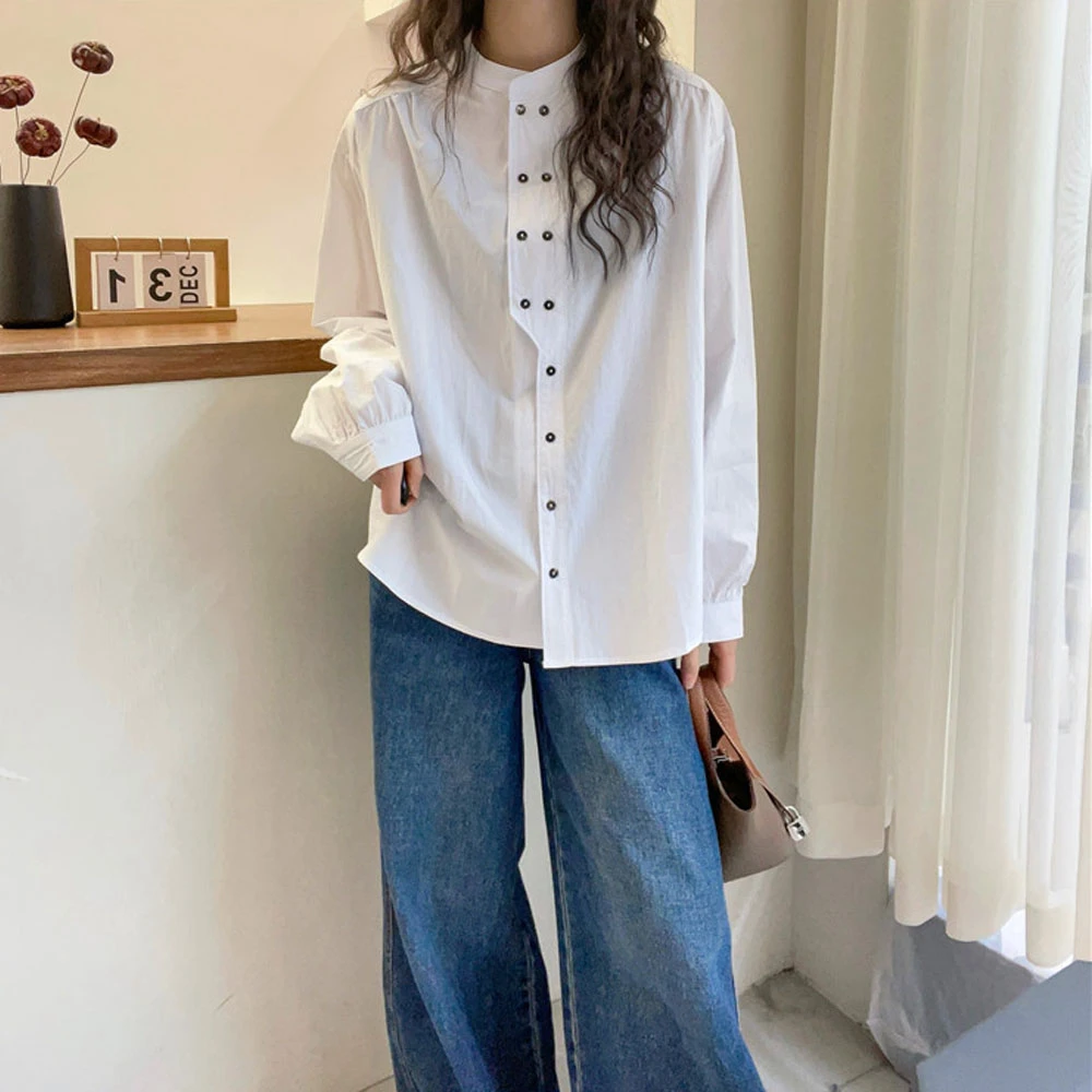 双排扣立领休闲衬衫女欧洲站春装2025新款欧货女装时尚洋气小衫潮