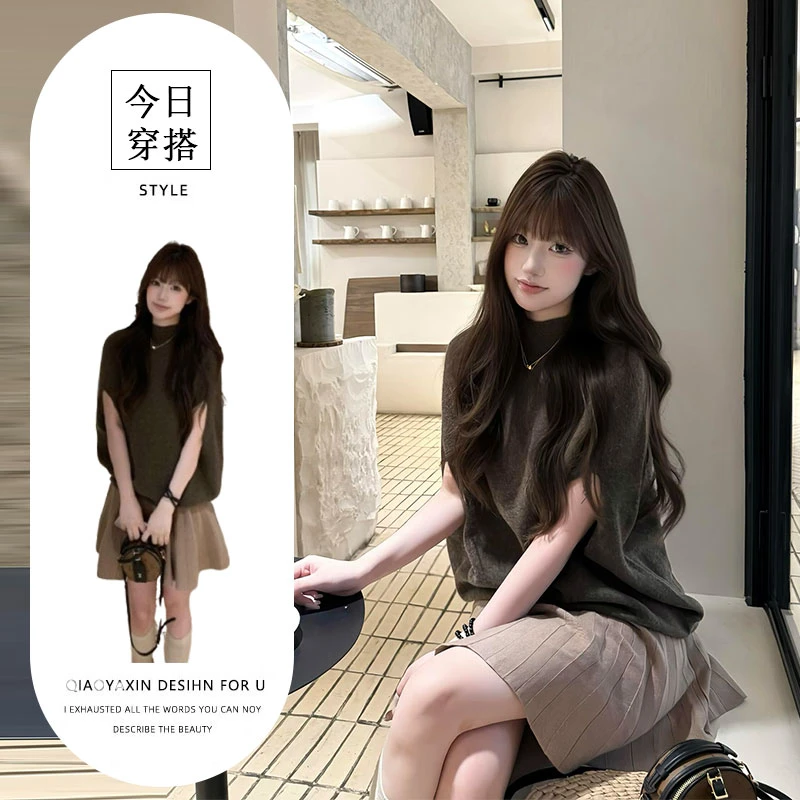 韩系千金风穿搭套装女秋季小众斗篷无袖针织上衣高腰a字裙两件套