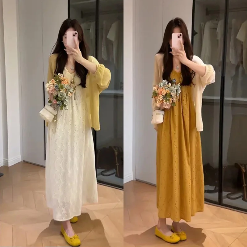 夏季新款法式小众防晒开衫V领镂空收腰吊带连衣裙气质显瘦套装女