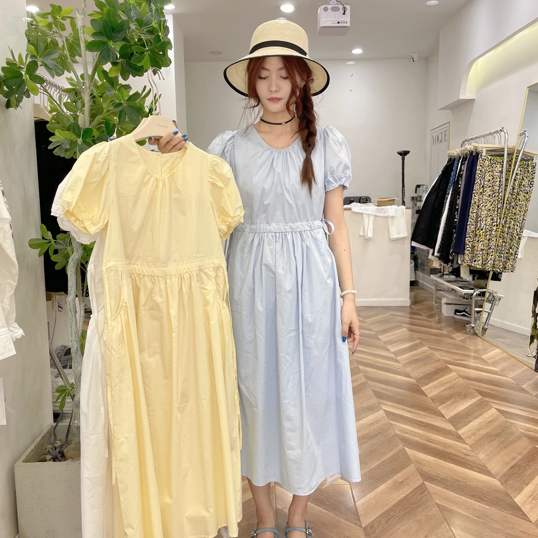 2736 收腰显瘦泡泡袖长裙