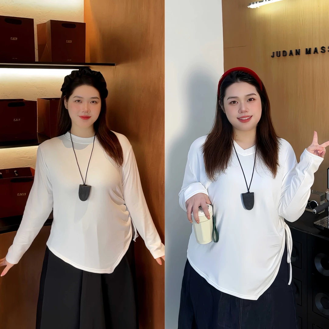 高克重加绒大码圆领V领秋冬女抽绳设计遮肉显瘦长袖T恤百搭打底杉