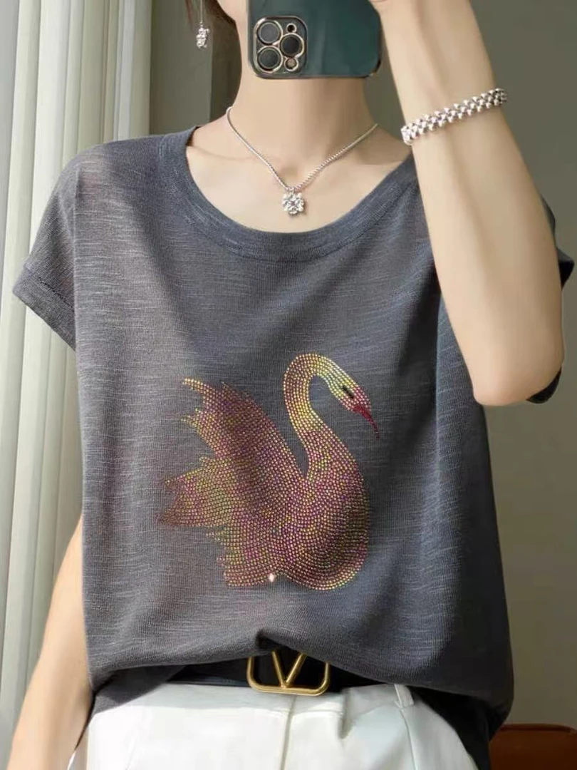 【简约大气】竹节麻钩花设计V领短袖夏季宽松显瘦清凉垂顺百搭大码