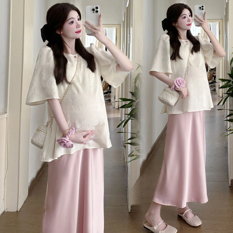 孕妇半身裙夏装时尚新款韩版百搭高级感侧开叉缎面裙小个子中长裙