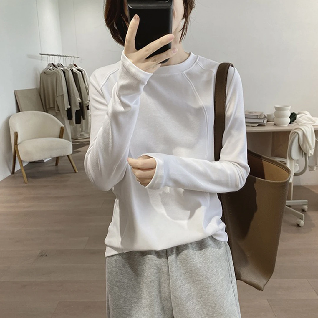 白色长袖T恤女2025新款春秋圆领宽松小个子打底休闲内搭纯色上衣