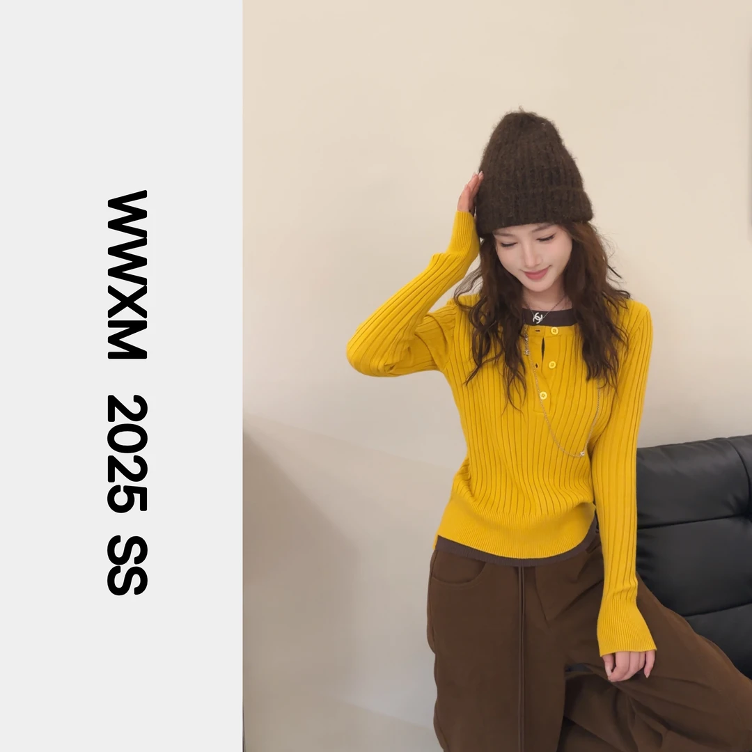 【汪肖肖WWMX】秋冬百搭撞色拼接假两件圆领设计套头毛针织衫女6270