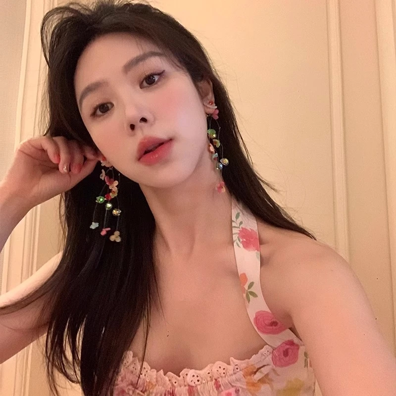 铜合金耳饰  春夏季多巴胺花朵串珠流苏耳环轻奢高级感女气质耳饰