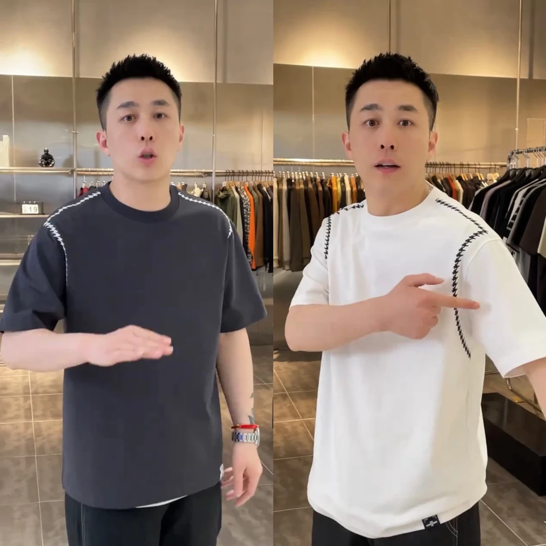 春夏新款纯色印花设计风圆领短袖T恤男士时尚百搭潮流高级感半袖T