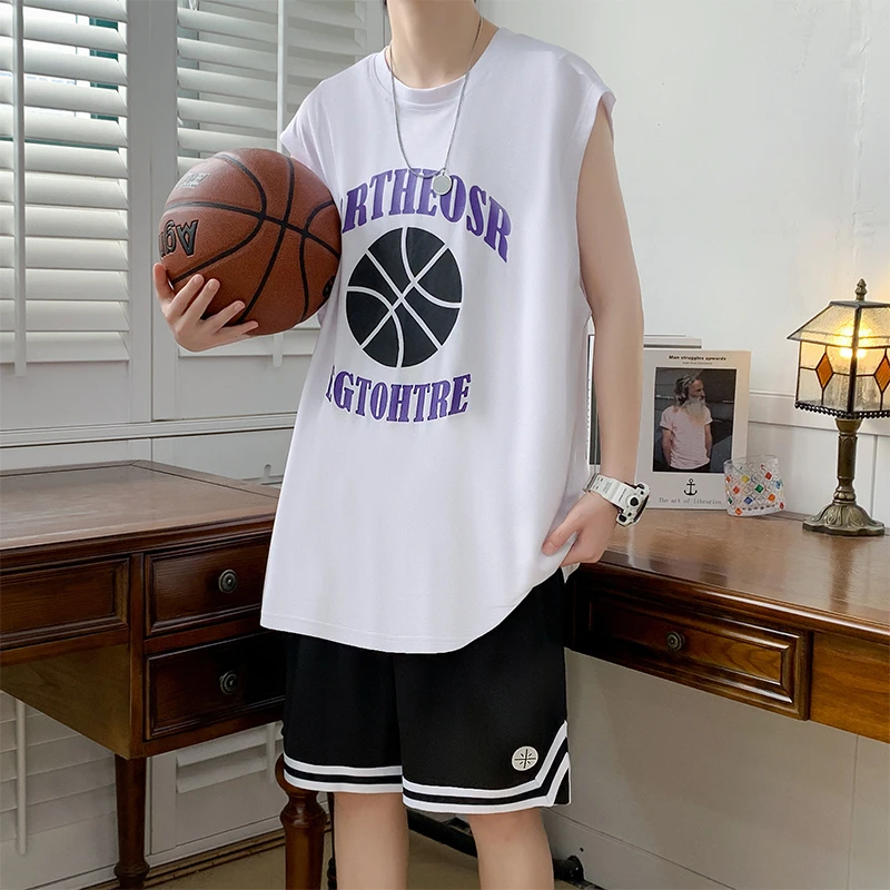 青少年冰丝速干篮球服运动套装男夏季无袖T恤背心短袖短裤一整套