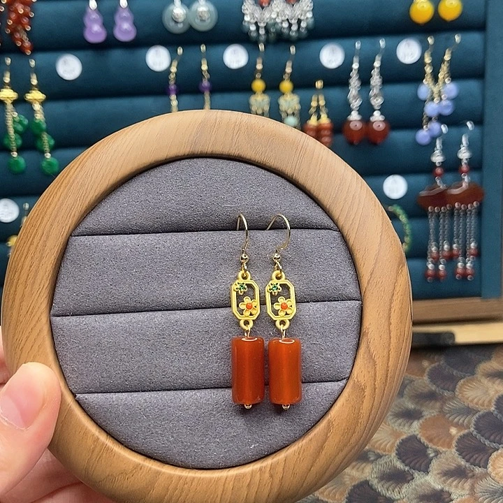 石英质玉耳钉银S925镶嵌