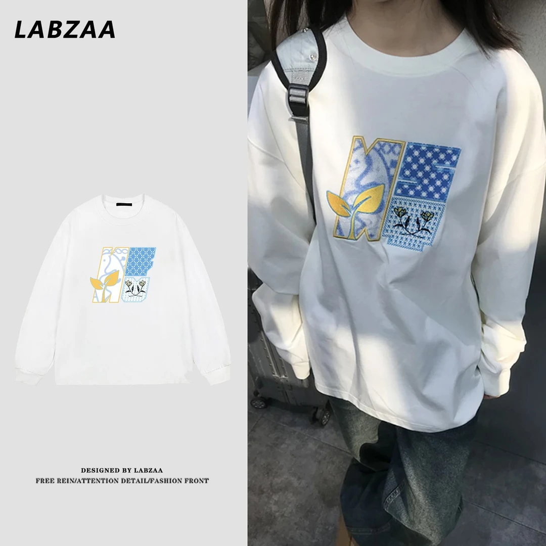 labzaa美式潮牌创意毛巾绣长袖t恤男女秋季宽松休闲纯棉情侣上衣