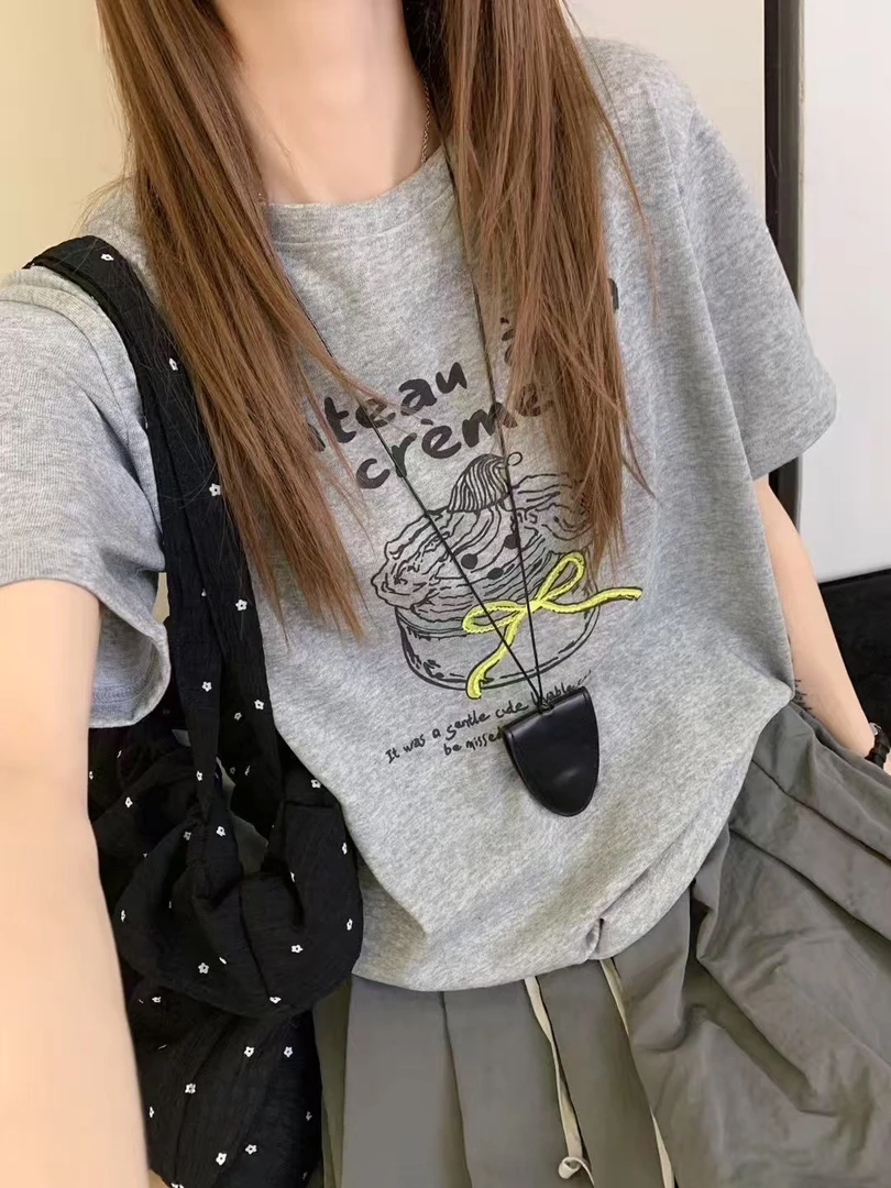 韩系圆领常规短袖通勤风刺绣印花T恤套装韩版背心时尚显瘦宽松