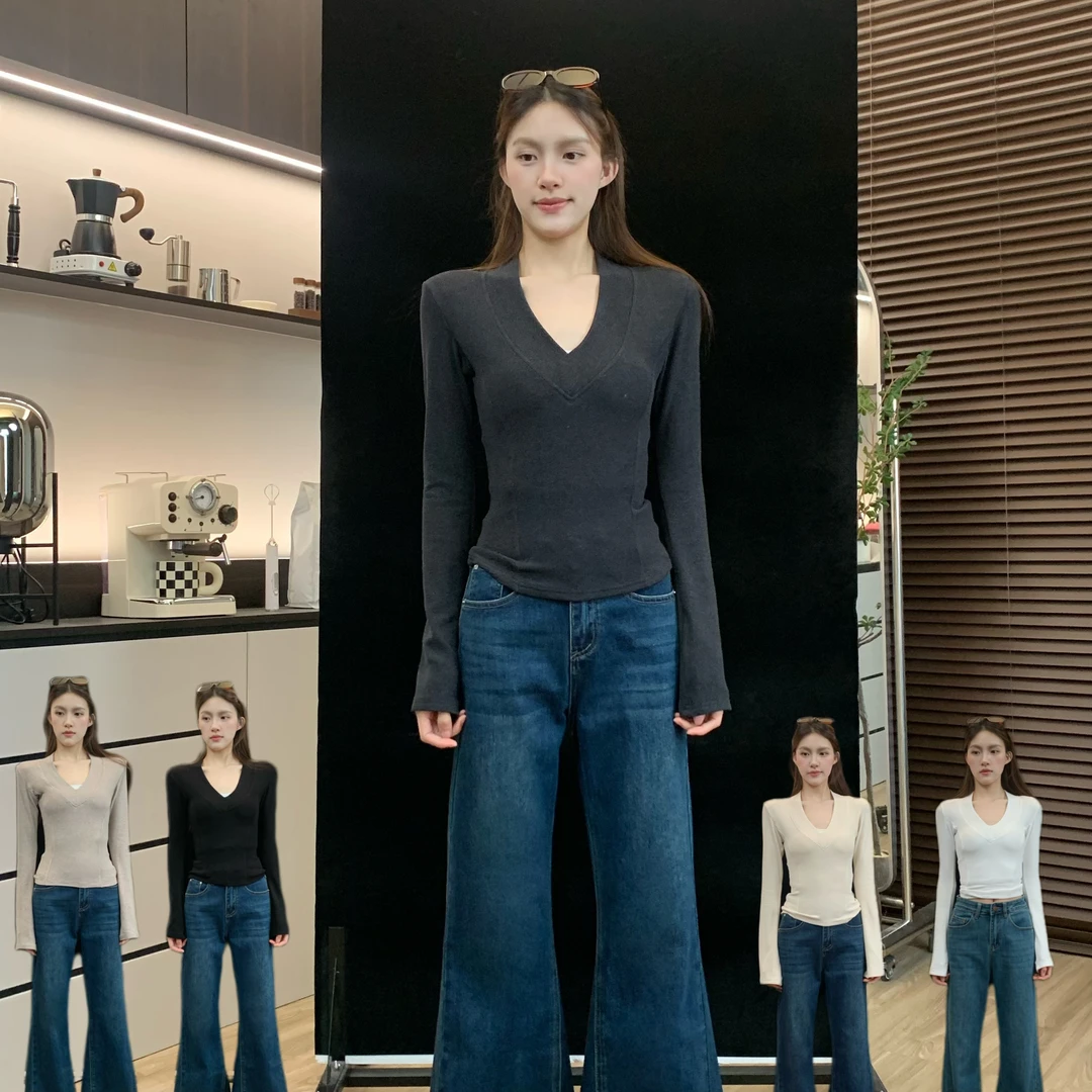 肚子240608磨毛修身带垫肩V领打底衫女秋冬洋气内搭T恤